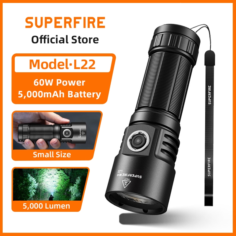 SUPERFIRE L22 60W ไฟฉาย LED ไฟฉาย อัลตร้าไบรท์ 5000 ลูเมน ตะเกียงป้องกันตัวเองแบบชาร์จได้