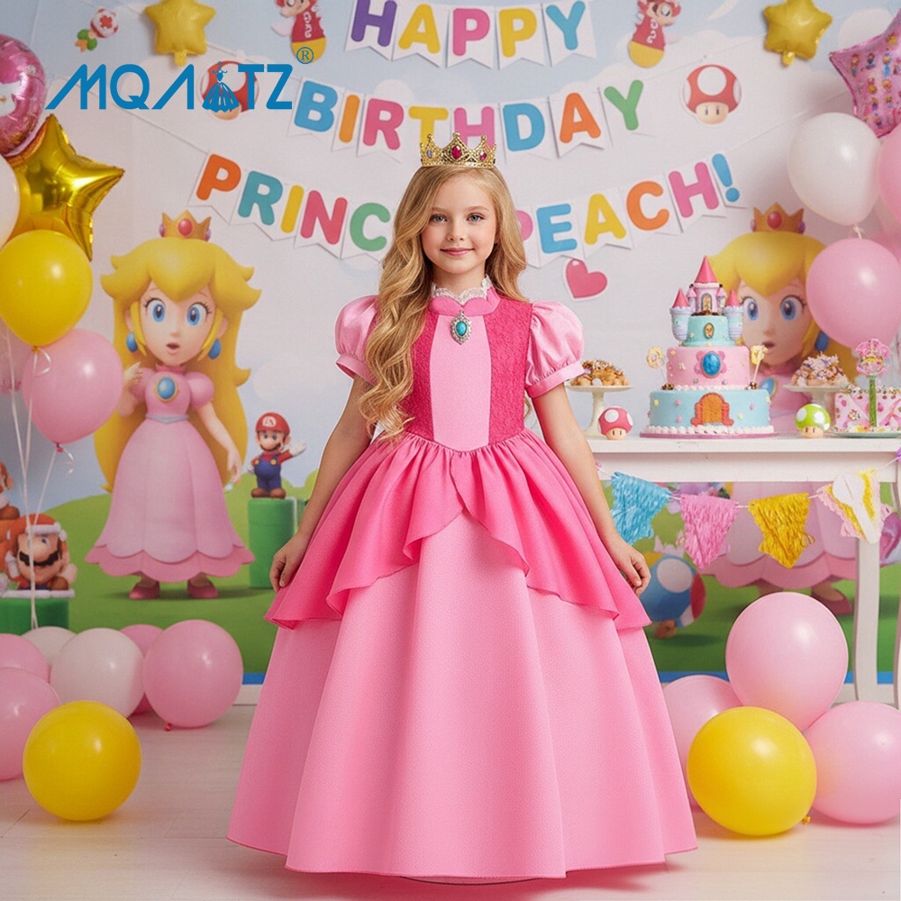 Mqatz ชุดเดรสคอสเพลย์เจ้าหญิงพีช สําหรับเด็กผู้หญิง SMR053