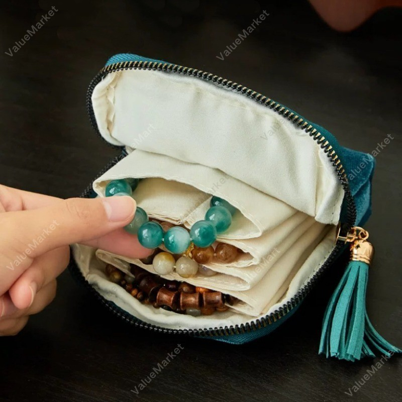Retro Fringed กํามะหยี่ผ้าแบบพกพา Jewellery Organizer ประณีต Jewellery คริสตัลเครื่องประดับสร้อยข้อม