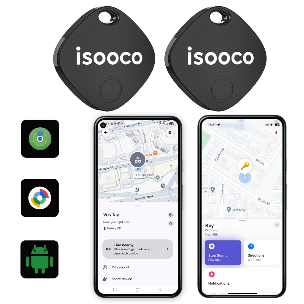 ISOOCO GPS เครื่องมือติดตามสิ่งของแม่นยำ ป้องกันการสูญหาย ระบบติดตามคู่ Android และ iOS ใช้งานได้นาน 2 แพ็ค