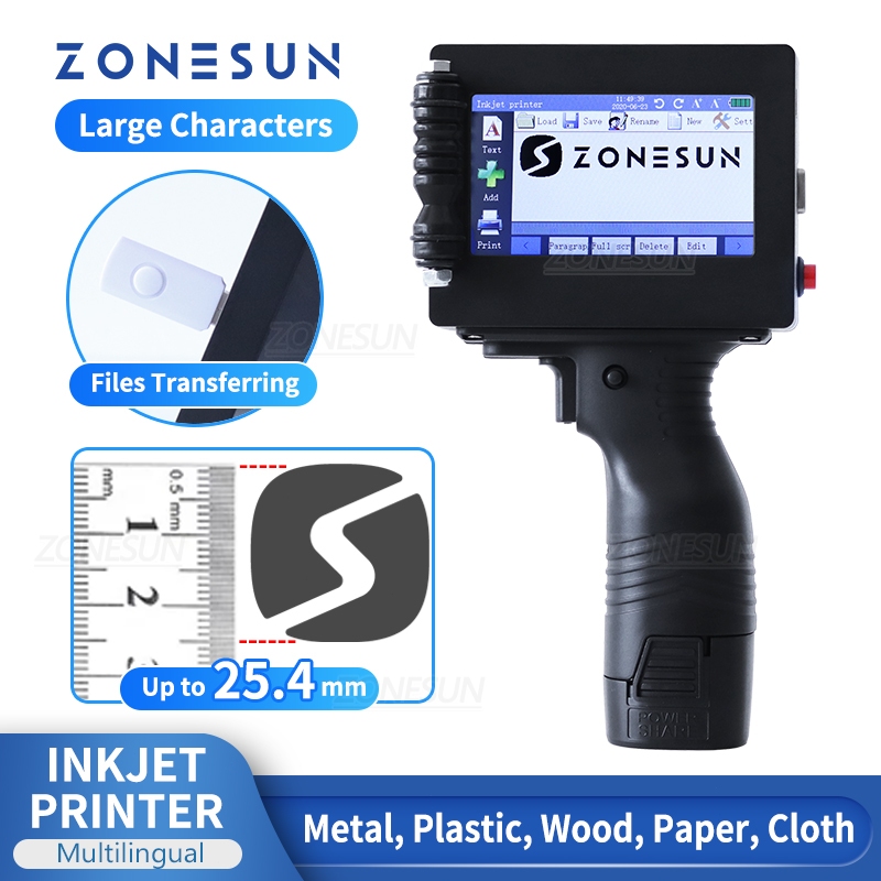 ZONESUN ZS-HIP254 เครื่องพิมพ์อิงค์เจ็ทมือถือแบบพกพาเครื่องเข้ารหัสวันที่ QR Code Barcode Batch Prin
