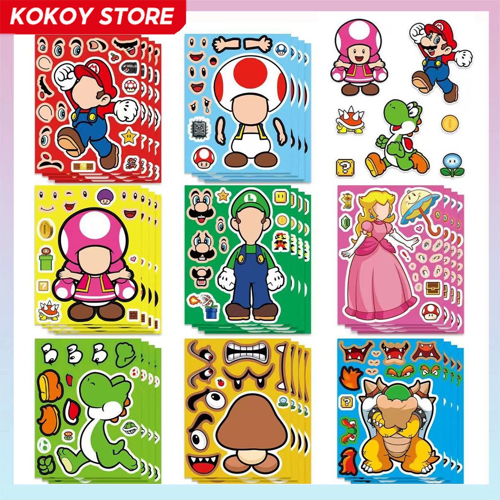 8ชิ้น/เซ็ต สติกเกอร์กันน้ำ ซูเปอร์มาริโอ ของเล่นเด็ก การ์ตูนปริศนาใบหน้าเปลี่ยน สร้างสรรค์ภาพตัดปะ