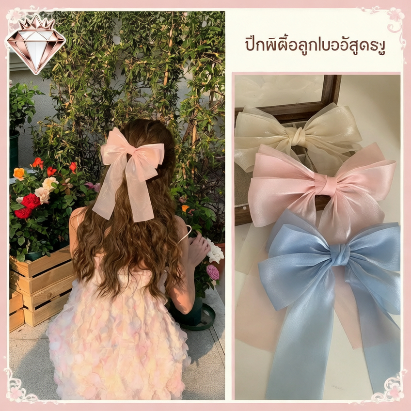 กิ๊บติดผมโบว์ขนาดใหญ่พร้อมริบบิ้นคุณภาพสูง สำหรับผมครึ่งหลังด้วยคลิปสปริง สไตล์เรียบหรูและทันสมัย
