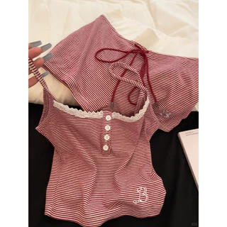 ส่งไวจากไทย🧸ชุดนอนเกาหลี 2 ชิ้น ชุดเซ็ตสายเดี่ยวลายทาง ใส่สบายไม่ร้อน ใส่เป็นชุดนอนหรือใส่อยู่บ้านก็น่ารัก