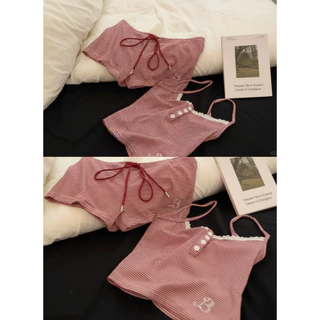 ส่งไวจากไทย🧸ชุดนอนเกาหลี 2 ชิ้น ชุดเซ็ตสายเดี่ยวลายทาง ใส่สบายไม่ร้อน ใส่เป็นชุดนอนหรือใส่อยู่บ้านก็น่ารัก