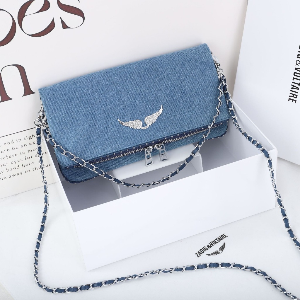 Zadig Voltaire กระเป๋า숄เดอร์สำหรับสุภาพสตรี สไตล์ดีนิม มีสายโซ่และปิดแม่เหล็ก