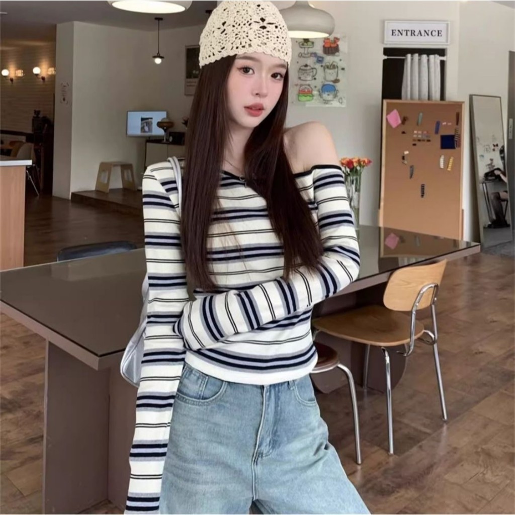 【WJZ】เสื้อแขนยาวลายทางดีไซน์เปิดไหล่ที่ทันสมัยและเซ็กซี่ของผู้หญิง【6950】