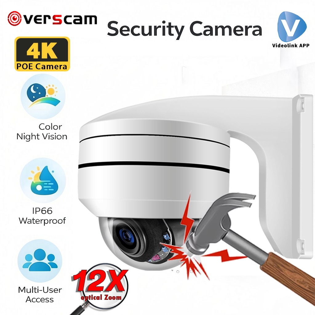 กล้องรักษาความปลอดภัย 4K 8MP POE 360° หมุนพาโนรามาติดตามอัตโนมัติ12xซูมออปติคอลสีเต็มคืนวิสัยทัศน์สม