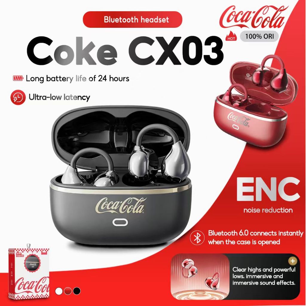 หูฟัง Coca-Cola CX03 ClipOn หูฟังไร้สาย True Bluetooth กลางแจ้ง 6.0 พร้อมไมโครโฟน