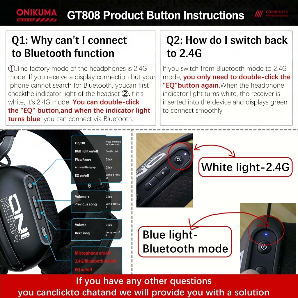 Onikuma GT808 ชุดหูฟังสามโหมดชุดหูฟังเกมบลูทูธ 5.4/2.4G/AUX 3.5 มม. thumbnail 9