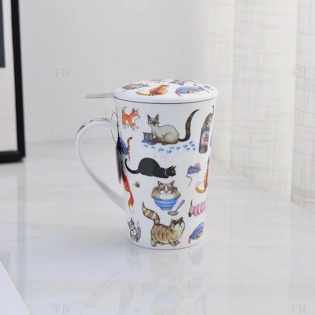 สหราชอาณาจักร DUNOON Danon Bone China ถ้วยชาพร้อมฝาปิดถ้วยชาสไตล์ยุโรปชุดกล่องของขวัญแก้วแมวขี้เล่นส