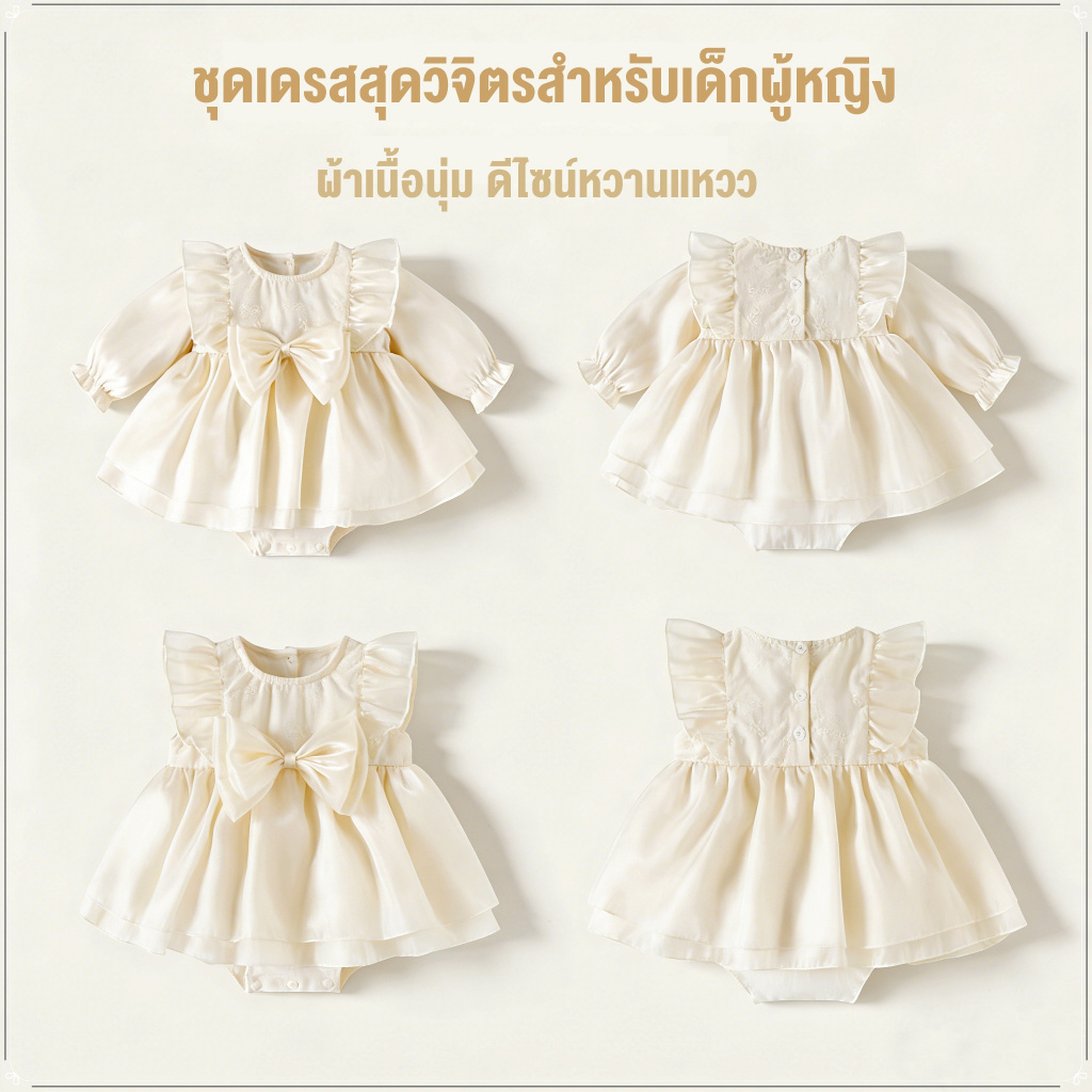 ชุดเด็กทารกสีแชมเปญ 3-in-1 - ชุดแขนยาว + แขนกุด 2 แบบ กระโปรงตาข่าย สำหรับ 100 วัน งานวันเกิด ถ่ายภาพ newborn