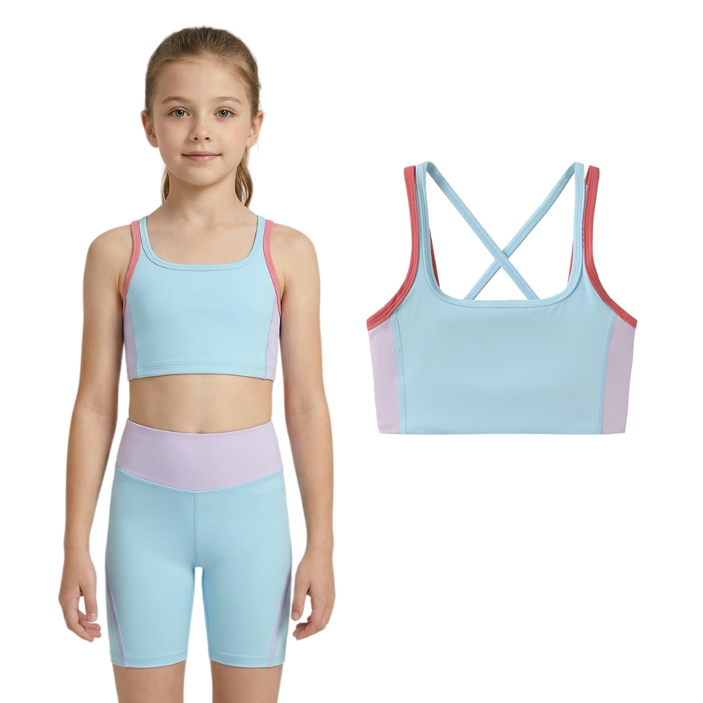 สปอร์ตบราบล็อกสีสําหรับเด็กผู้หญิงพร้อมแผ่นรองแบบถอดได้ – เสื้อครอปกีฬา Racerback สําหรับเยาวชนอายุ 5-14Y