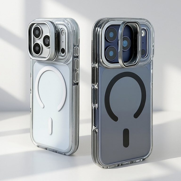 【Metal Bracket/Hight quality/Transparent Acrylic hard case/Gray】เคส compatible for iphone 11 12 13 14 15 16 17 pro max case