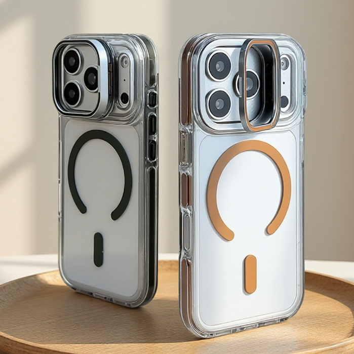 【Metal Bracket/Hight quality/Transparent Acrylic hard case/Orange 】เคส compatible for iphone 11 13 14 15 16 17 pro max case