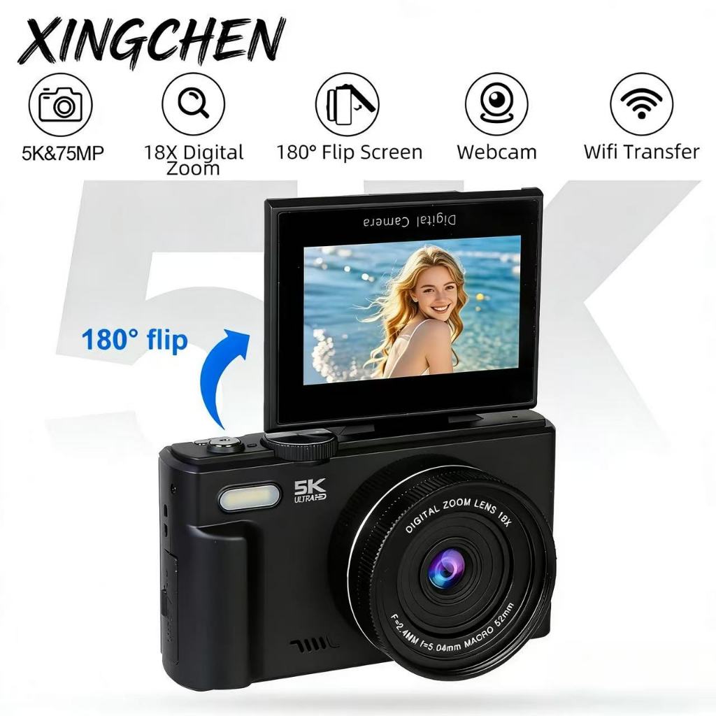 XINGCHEN Ourlife Compact 5K Digital Photography Camera 18X Digital Zoom 75MP 180° เครื่องบันทึกวิดีโ