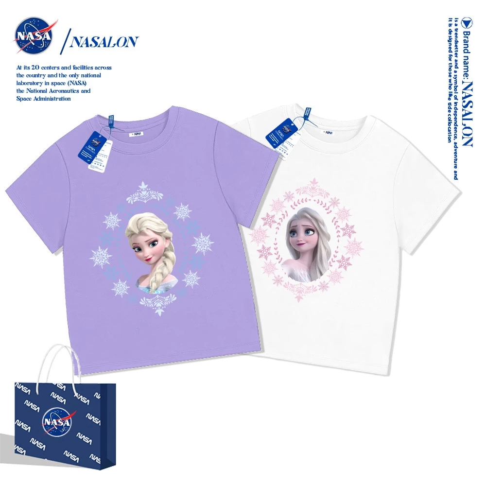 NASA เสื้อยืดเด็กแขนสั้น ผ้า cotton 100% สีขาว เสื้อเด็กผู้หญิง ลายการ์ตูนเจ้าหญิงเอลซ่า นุ่มสบาย ระบายอากาศดี