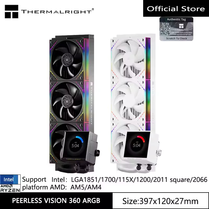 Thermalright PEERLESS VISION 360 ARGB AIO CPU Liquid Cooler ,3.95 นิ้วแบบเต็มหน้าจอ/พัดลมประกบไร้สาย