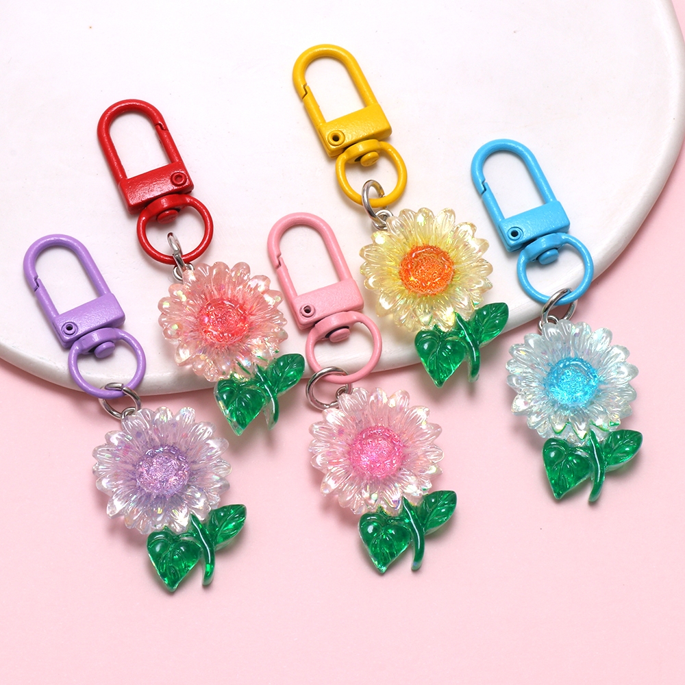 10 ชิ้น/ล็อตผสมเรซิ่นดอกไม้ Chainkey แยกแหวน Sunflower Keyfob Charm สําหรับพวงกุญแจกระเป๋าเป้สะพายหลังอุปกรณ์เสริมตกแต่ง