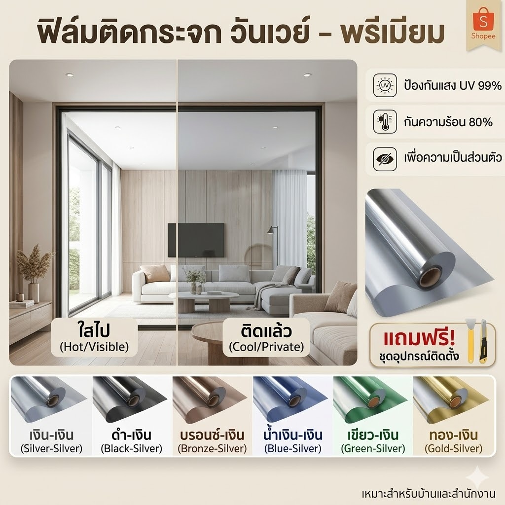 [ยกม้วน 20 เมตร] ฟิล์มกรองแสงบ้าน ฟิล์มวันเวย์ (One-Way) กันความร้อน 99% กัน UV ฟิล์มปรอทเพิ่มความเป็นส่วนตัวสูง มองออกชัดเจน (40/60/90 ซม.)