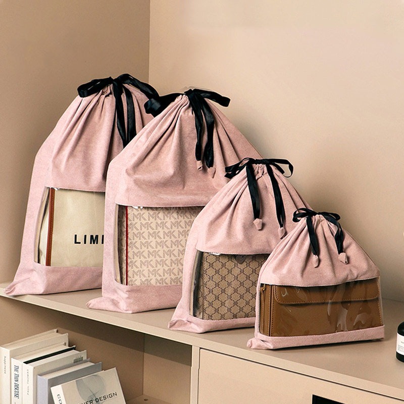 หนังนิ่มถุงเก็บฝุ่นสําหรับกระเป๋าถือหรูหราหน้าต่างโปร่งใส Drawstring กระเป๋าเก็บ Anti-Mold Moisture Proof ฝาครอบป้องกันสําหรับ Designer กระเป๋าเดินทาง Organizer