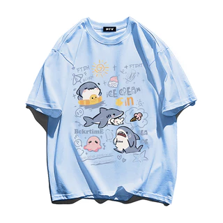 NFV สไตล์เกาหลี✨เสื้อยืดแขนสั้นคอกลม ลายพิมพ์ปลาฉลามตัวน้อย ใส่สบายไม่รัดตัว ระบายอากาศ YG1332