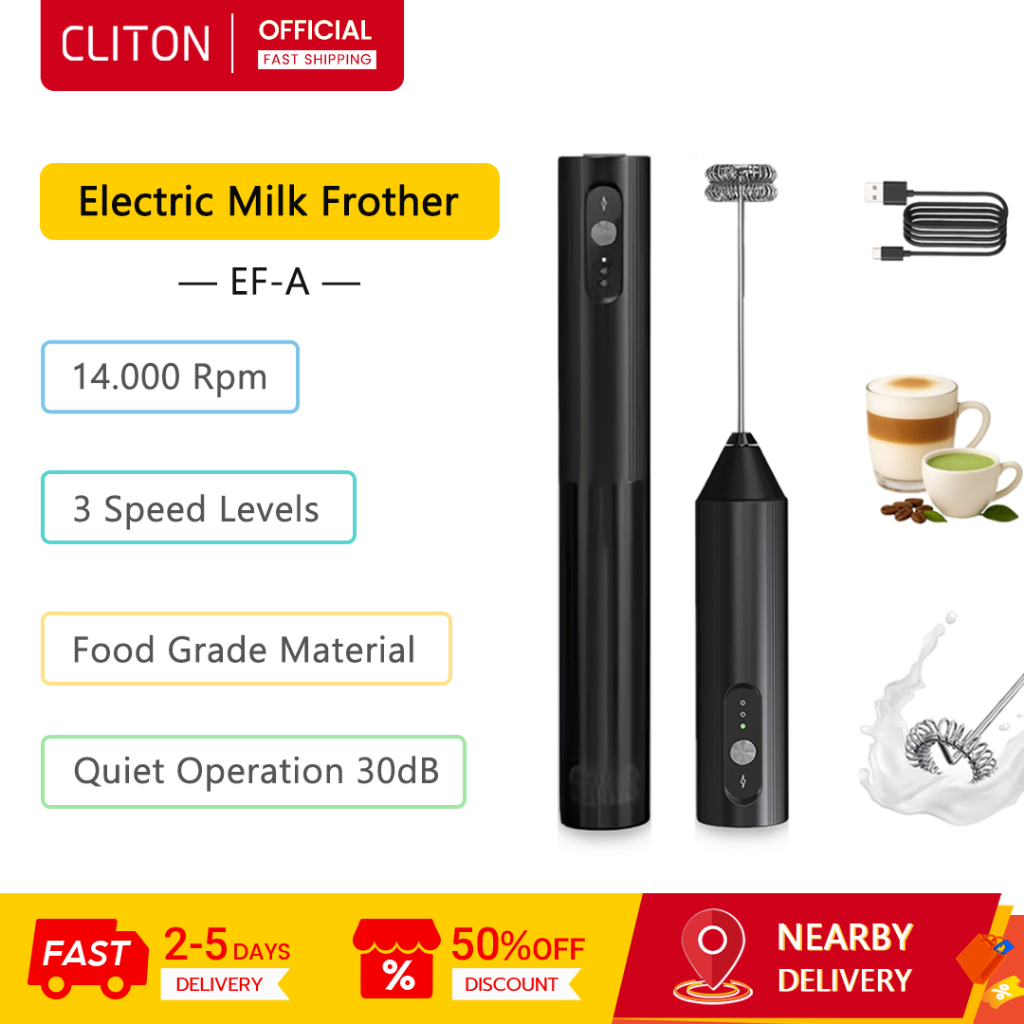เครื่องตีฟองนมไฟฟ้า Cliton EF-A, 14,000 RPM, ปรับความเร็วได้ 3 ระดับ, เครื่องทําฟองนมแบบมือถือ