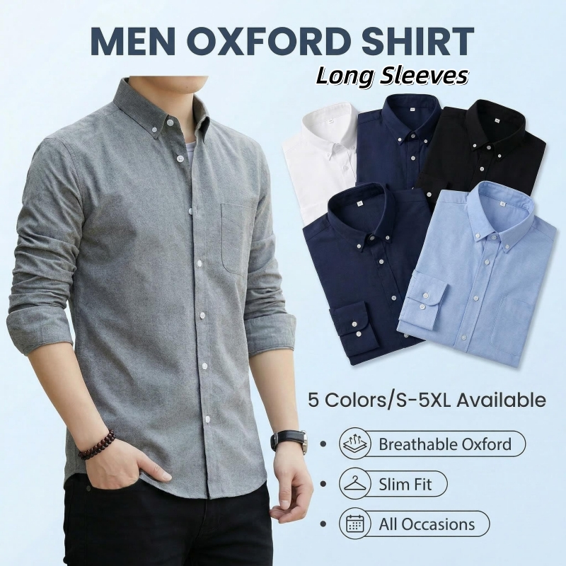เสื้อแขนยาวผู้ชายแบบ Slim Fit Oxford สำหรับงานลำลองหรือทางการ ไซส์ S-5XL