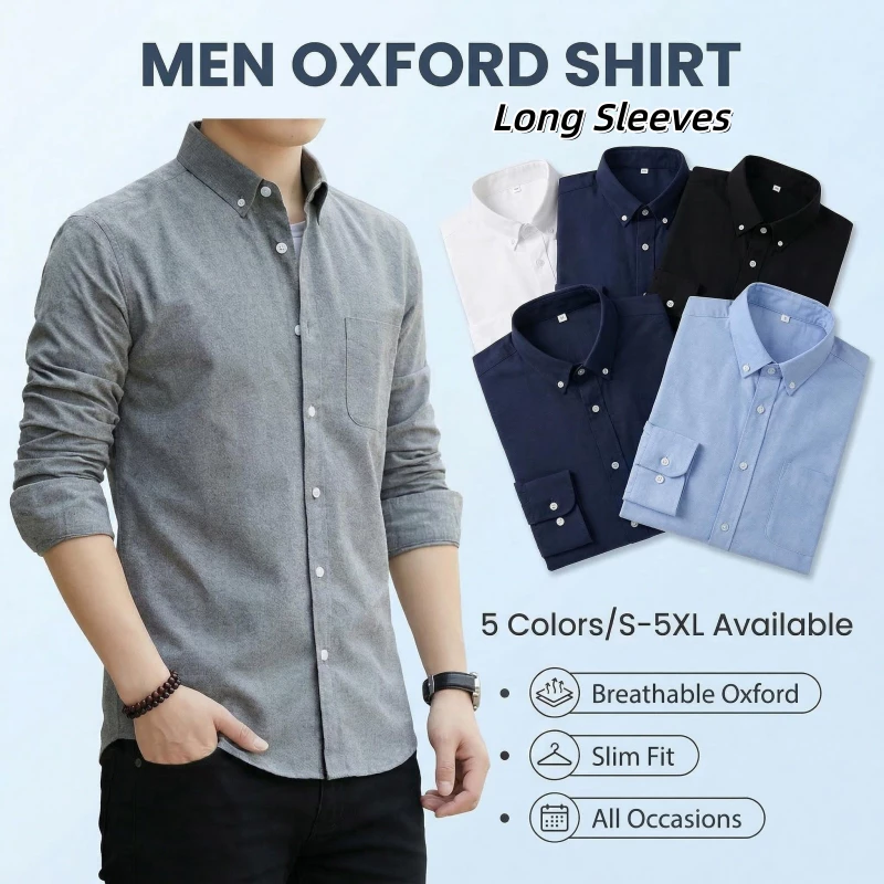ผู้ชาย Slim Fit แขนยาว Oxford เสื้อลําลองเสื้อธุรกิจอย่างเป็นทางการ S-5XL Plus ขนาด