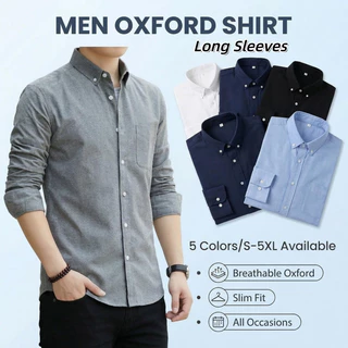 ผู้ชาย Slim Fit แขนยาว Oxford เสื้อลําลองเสื้อธุรกิจอย่างเป็นทางการ S-5XL Plus ขนาด