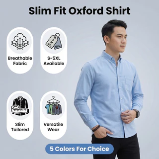 ผู้ชาย Slim Fit แขนยาว Oxford เสื้อลําลองเสื้อธุรกิจอย่างเป็นทางการ S-5XL Plus ขนาด