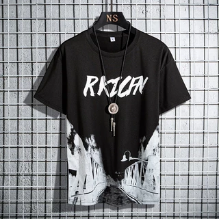 เสื้อยืดผู้ชายฤดูร้อน ผ้าไหมน้ำแข็งเบาสบาย พิมพ์ลายหลวมรอบคออินเทรนด์