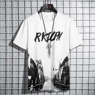 เสื้อยืดผู้ชายฤดูร้อน ผ้าไหมน้ำแข็งเบาสบาย พิมพ์ลายหลวมรอบคออินเทรนด์