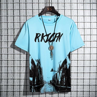 เสื้อยืดผู้ชายฤดูร้อน ผ้าไหมน้ำแข็งเบาสบาย พิมพ์ลายหลวมรอบคออินเทรนด์