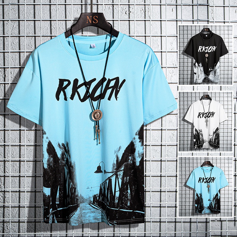 เสื้อยืดผู้ชายฤดูร้อน ผ้าไหมน้ำแข็งเบาสบาย พิมพ์ลายหลวมรอบคออินเทรนด์