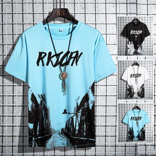 เสื้อยืดผู้ชายฤดูร้อน ผ้าไหมน้ำแข็งเบาสบาย พิมพ์ลายหลวมรอบคออินเทรนด์