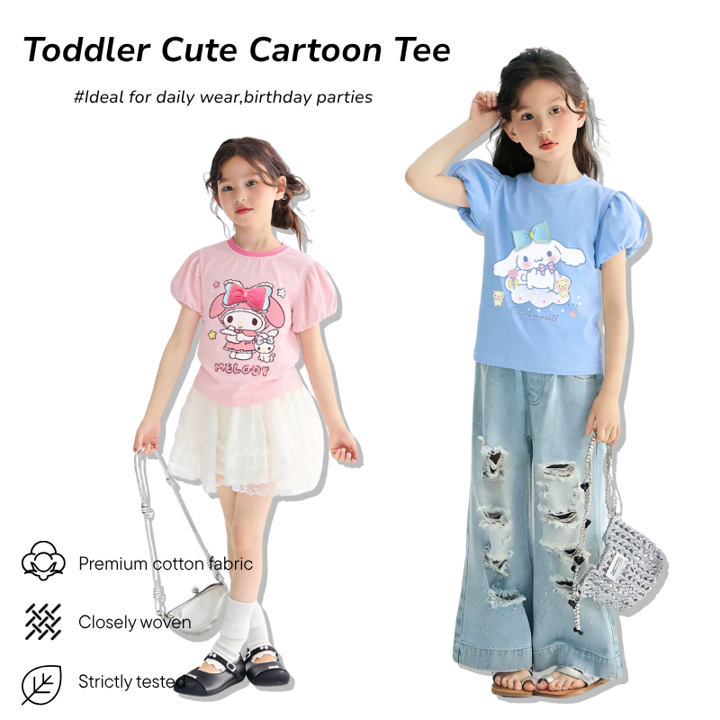 เสื้อเด็กผู้หญิง พิมพ์ลายคุโรมิ โบว์น่ารัก 3 มิติ แฟชั่นใหม่สำหรับฤดูร้อน เสื้อยืดเด็กผู้หญิง