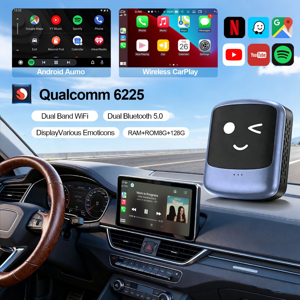 SPOTOTTOCAST Nano AI BOX Wirelss Carplay Android Auto AdaPter Android 13 QCM6225 8+128GB Voice Contr