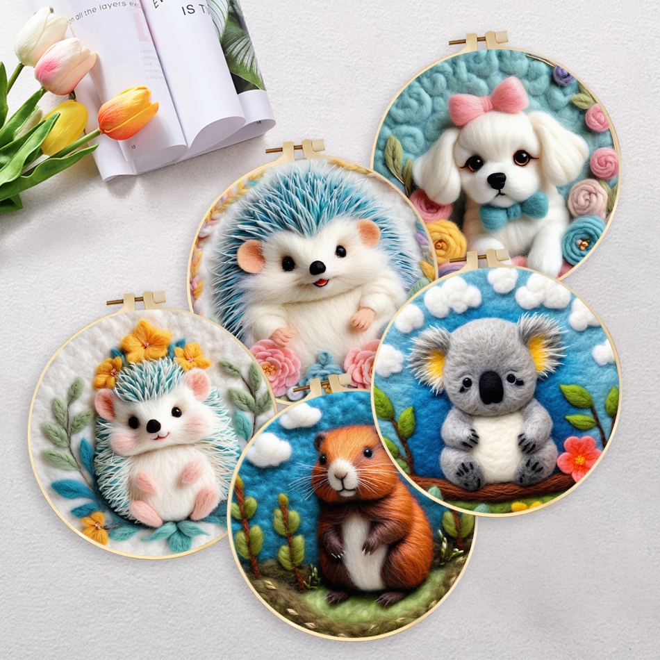 ภาพวาดขนสัตว์พร้อมเย็บปักถักร้อยกรอบชุดสัตว์โมเดิร์น DIY Felt หัตถกรรมแพคเกจ Felt เข็มตกแต่งบ้าน – โปรปัง