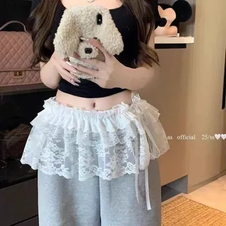 【COD】👗KENDลูกไม้มินิกระโปรง,Y2K Streetwearดูผ่านLace Up Rufflesกระโปรง,Harajukuปักดอกไม้Ruchedกระโปรงกางเกงยีนส์ตกแต่ง