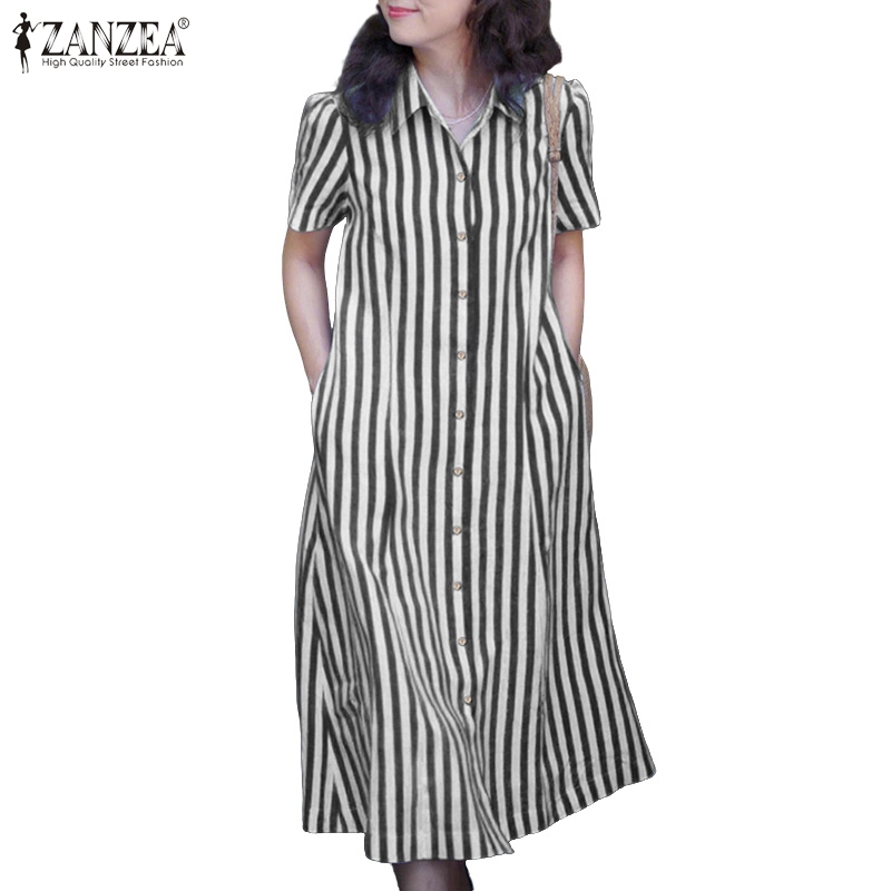 ZANZEA ชุดเดรสเสื้อเชิ้ตแขนสั้นลายทาง มีกระเป๋าด้านหน้า สไตล์เกาหลีสำหรับผู้หญิง