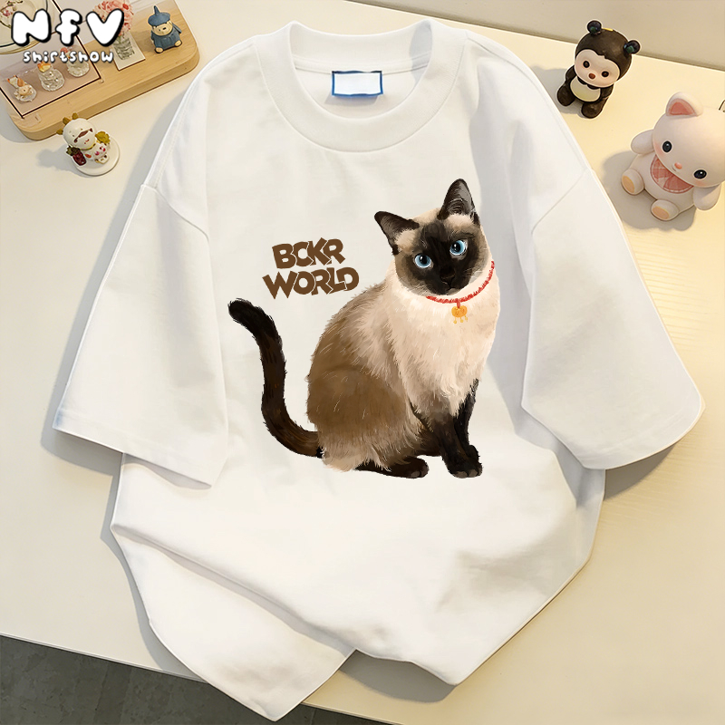 NFV มาใหม่🐱ลายพิมพ์แมว คอกลมแขนสั้น ดีไซน์คลาสสิค ผ้าฝ้าย100% แฟชั่นเกาหลี ใส่สบาย YG4104