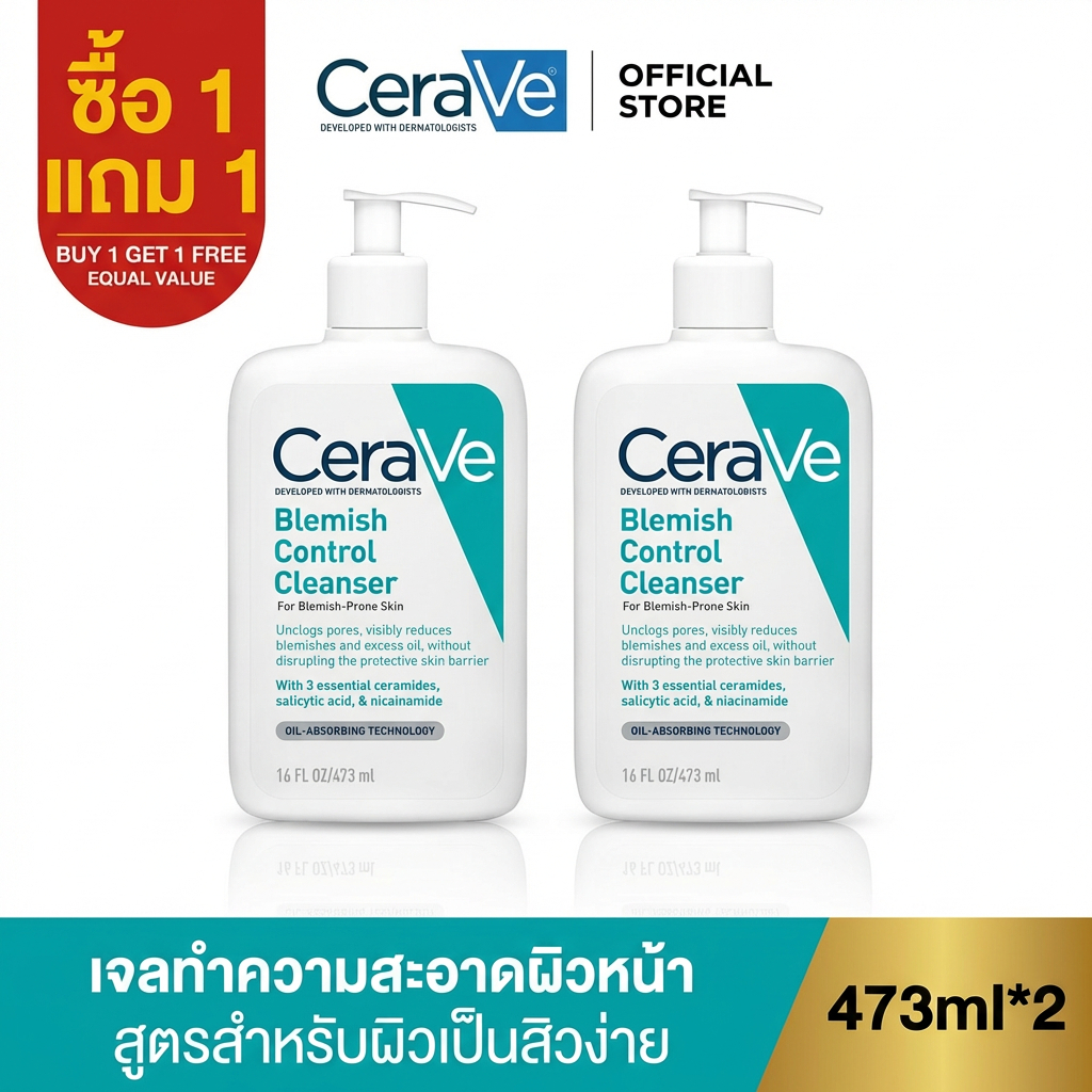 (ซื้อ 1 แถม 1) CeraVe Blemish Control Cleanser เจลล้างหน้าสําหรับผิวเป็นสิวง่าย 473 ml.
