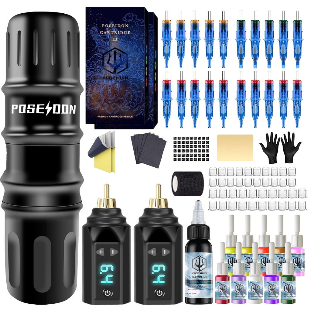 Poseidon Tattoo Pen Kit-Tattoo Machine 2 ชิ้นไร้สาย Tattoo Power Supply, ปากกาสัก 20 ชิ้นตลับเข็มสักและอุปกรณ์สักสําหรับศิลปินและผู้เริ่มต้น