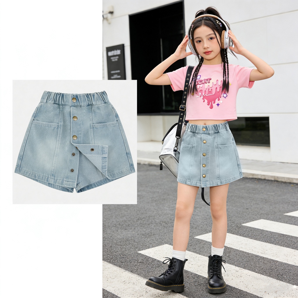 กระโปรงยีนส์วัยรุ่น สบายๆ ผ้าฝ้ายเอวยางยืด พร้อมกระเป๋า แฟชั่น-mini สำหรับฤดูร้อน