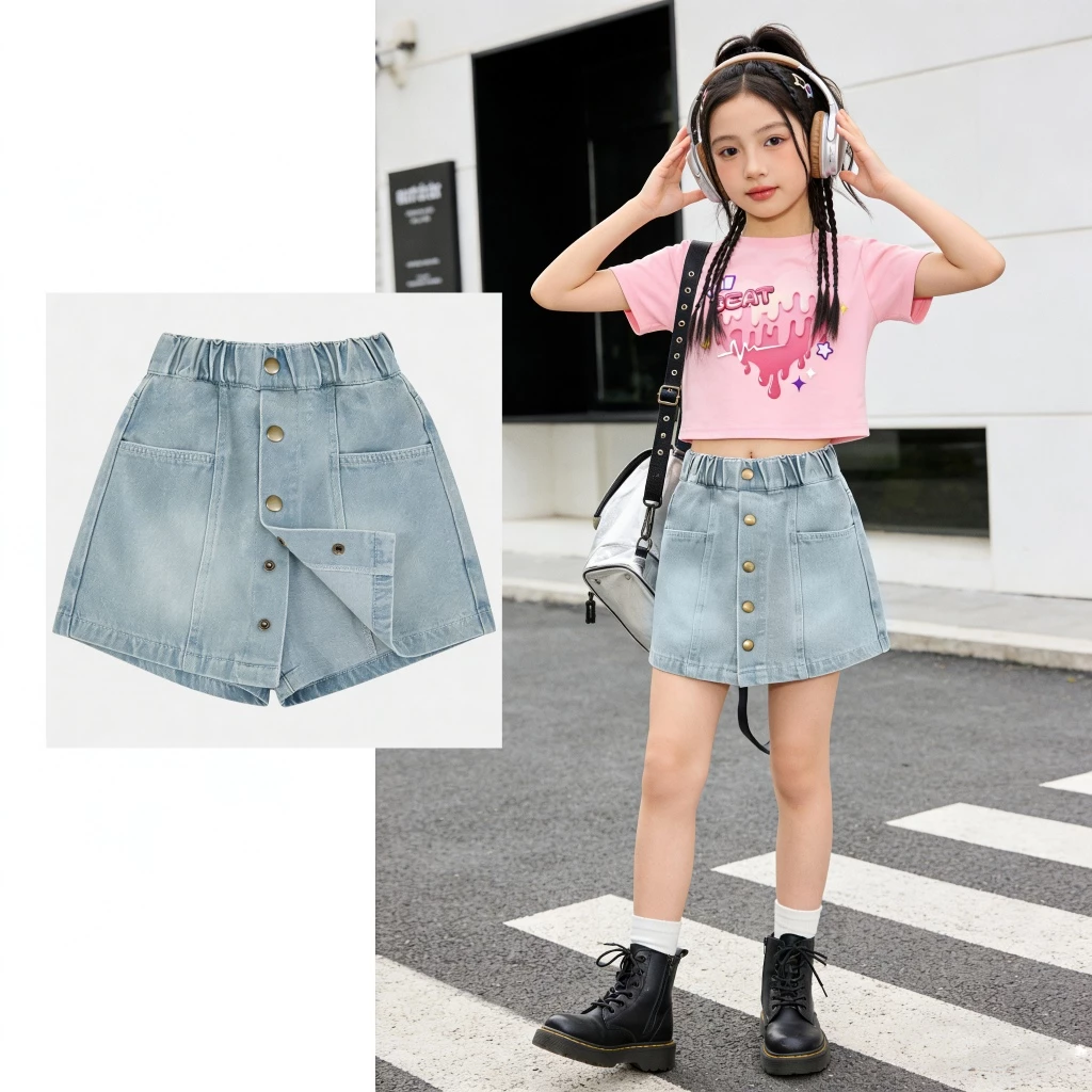 กระโปรงยีนส์วัยรุ่น สบายๆ ผ้าฝ้ายเอวยางยืด พร้อมกระเป๋า แฟชั่น mini สำหรับฤดูร้อน กระโปรงเด็กผู้หญิง