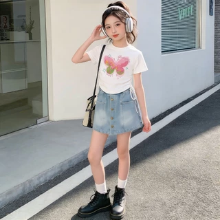 กระโปรงยีนส์วัยรุ่น สบายๆ ผ้าฝ้ายเอวยางยืด พร้อมกระเป๋า แฟชั่น mini สำหรับฤดูร้อน กระโปรงเด็กผู้หญิง