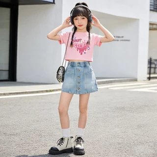 กระโปรงยีนส์วัยรุ่น สบายๆ ผ้าฝ้ายเอวยางยืด พร้อมกระเป๋า แฟชั่น mini สำหรับฤดูร้อน กระโปรงเด็กผู้หญิง