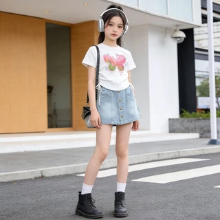 กระโปรงยีนส์วัยรุ่น สบายๆ ผ้าฝ้ายเอวยางยืด พร้อมกระเป๋า แฟชั่น mini สำหรับฤดูร้อน กระโปรงเด็กผู้หญิง