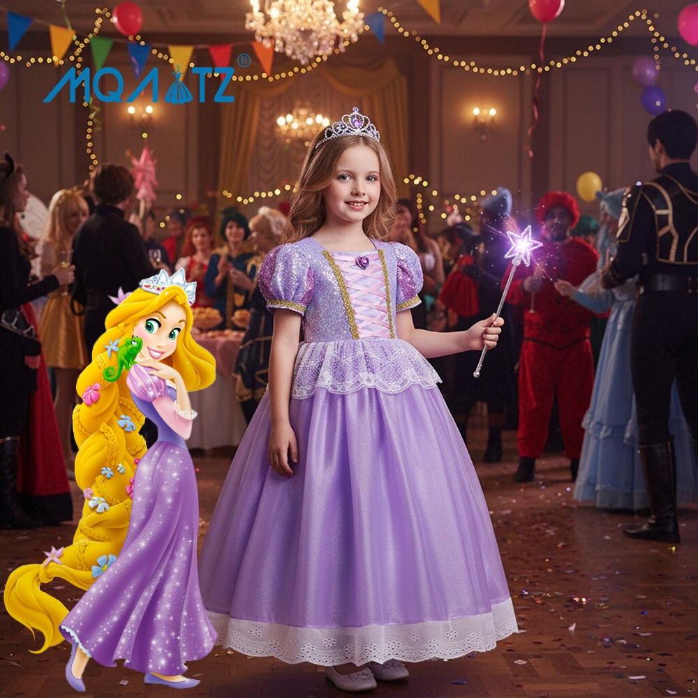 Mqatz ชุดเดรสคอสเพลย์เจ้าหญิง ปักเลื่อม สีม่วง แฟนตาซี สําหรับเด็กผู้หญิง SMR065